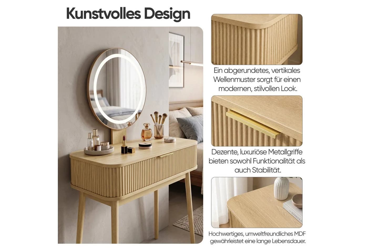 Celya Schminktisch mit LED-Spiegel und Schubladen Beige - Bild 4