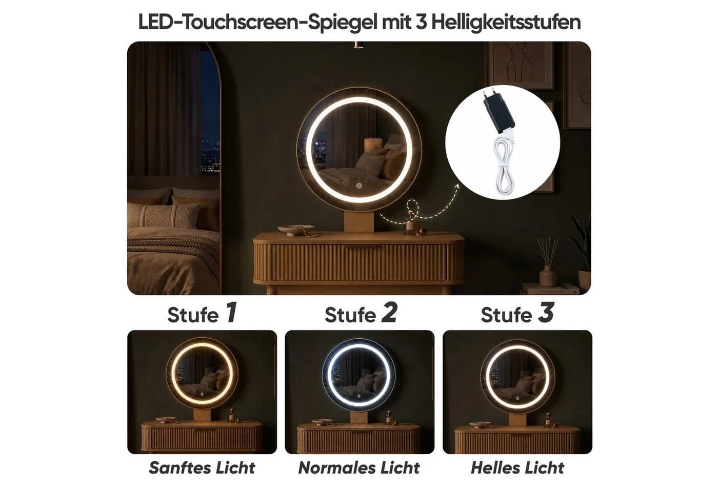 Celya Schminktisch mit LED-Spiegel und Schubladen Beige - Bild 5