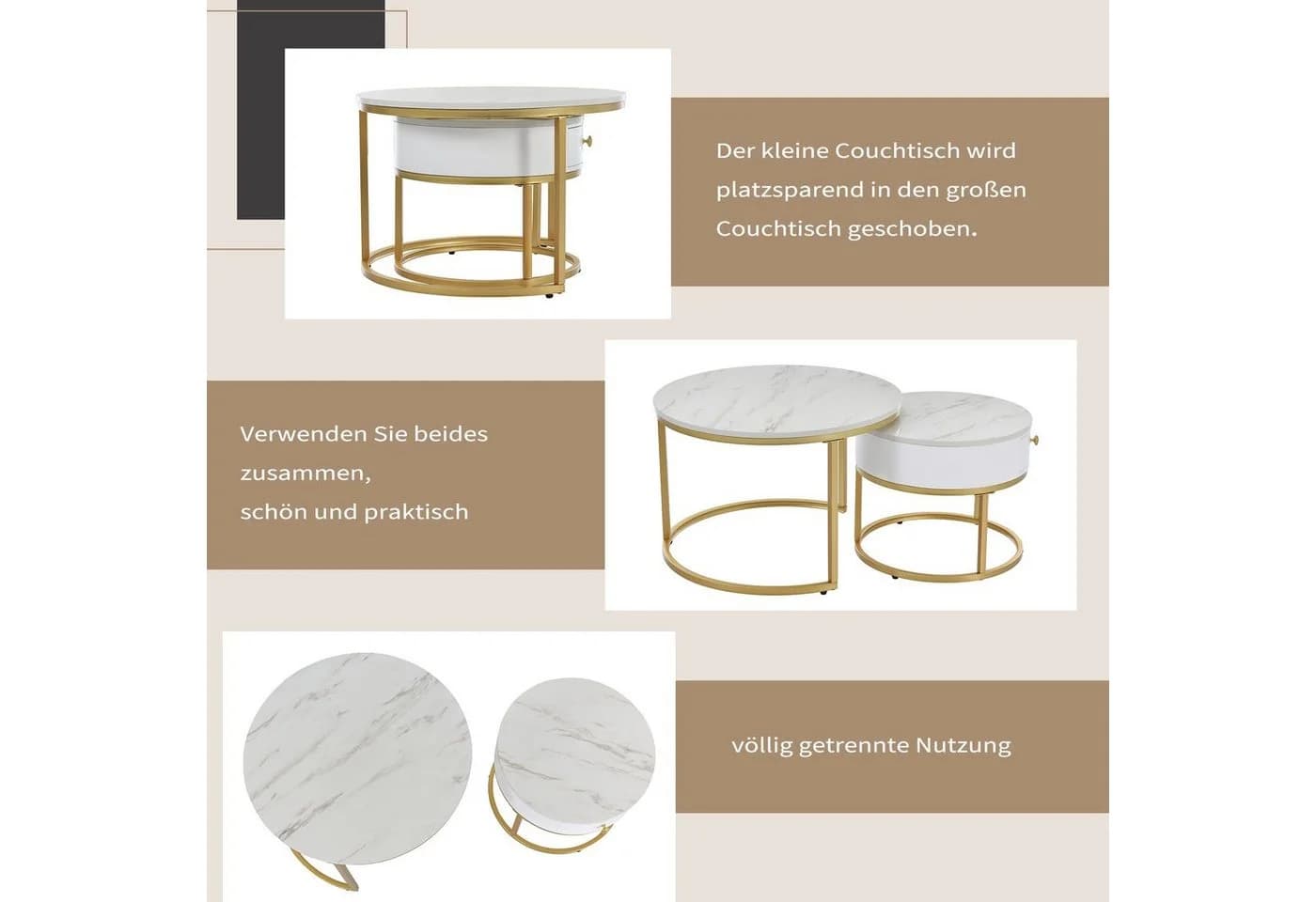 Merax Couchtisch Set Rund Hochglanz Marmoroptik