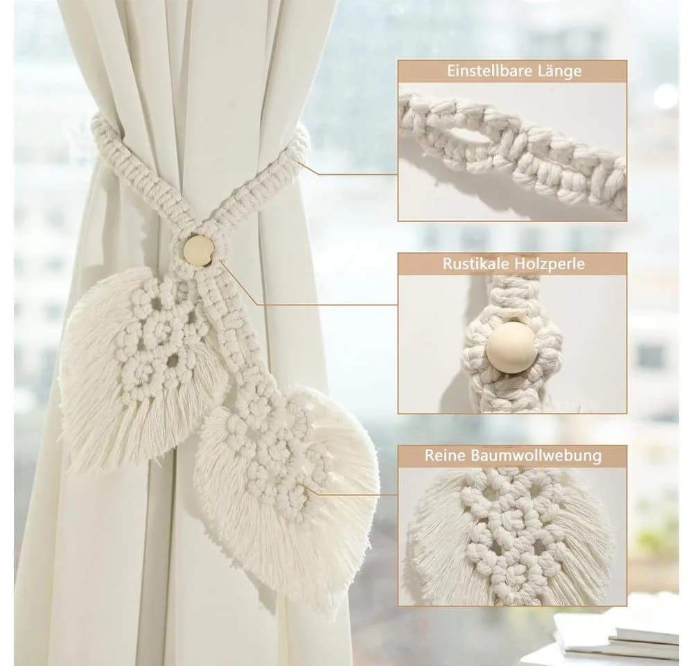 TUWENA Boho Gardinenhalter Baumwolle Seilvorhang-Raffhalter 2 Pack Beige - Bild 3