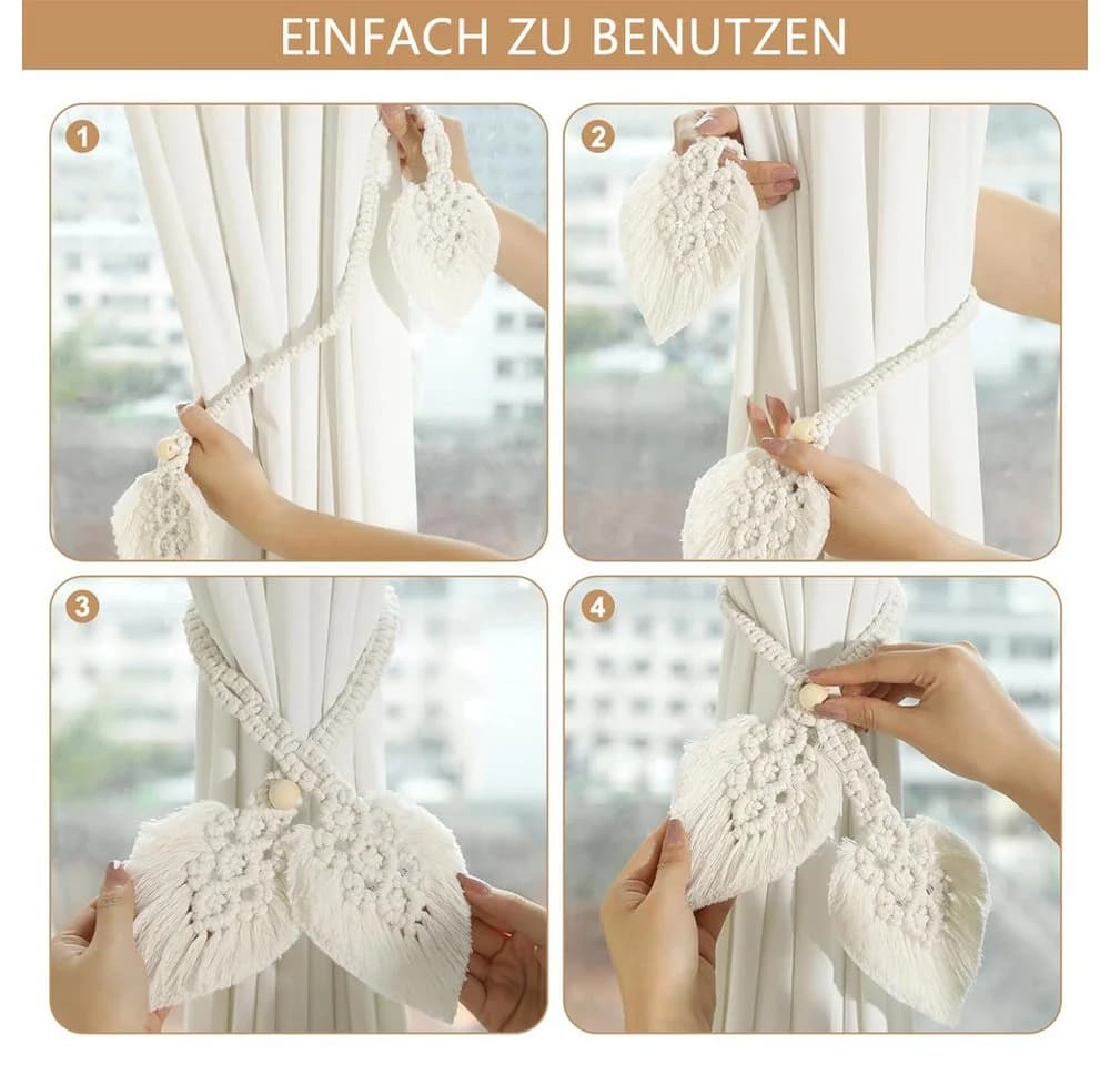 TUWENA Boho Gardinenhalter Baumwolle Seilvorhang-Raffhalter 2 Pack Beige - Bild 4