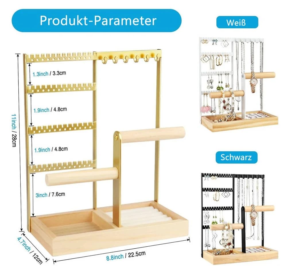 TUWENA Schmuckständer 4-Tier Metall & Holz Schwarz/Weiß/Gold