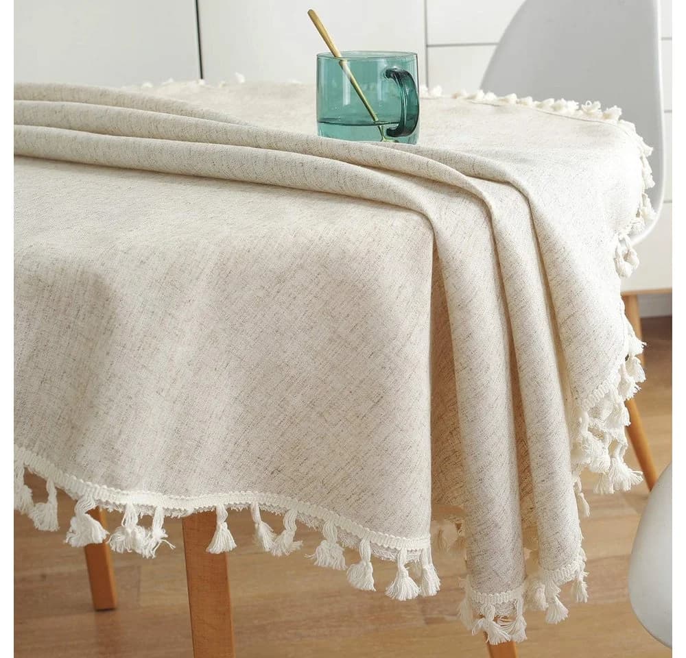 TUWENA Tischdecke Beige Abwaschbar Leinen Baumwolle mit Quaste - Bild 3