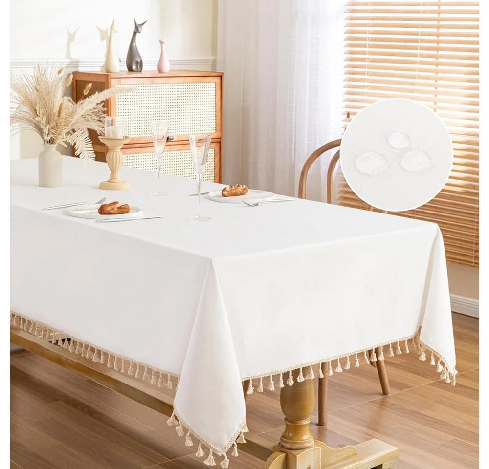 TUWENA Tischdecke Rechteckig Leinen Baumwolle Abwaschbar mit Quaste Weiss - Bild 2