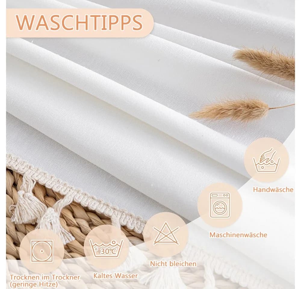 TUWENA Tischdecke Rechteckig Leinen Baumwolle Abwaschbar mit Quaste Weiss - Bild 3