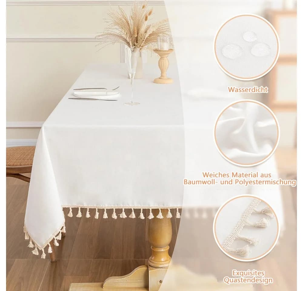 TUWENA Tischdecke Rechteckig Leinen Baumwolle Abwaschbar mit Quaste Weiss - Bild 4
