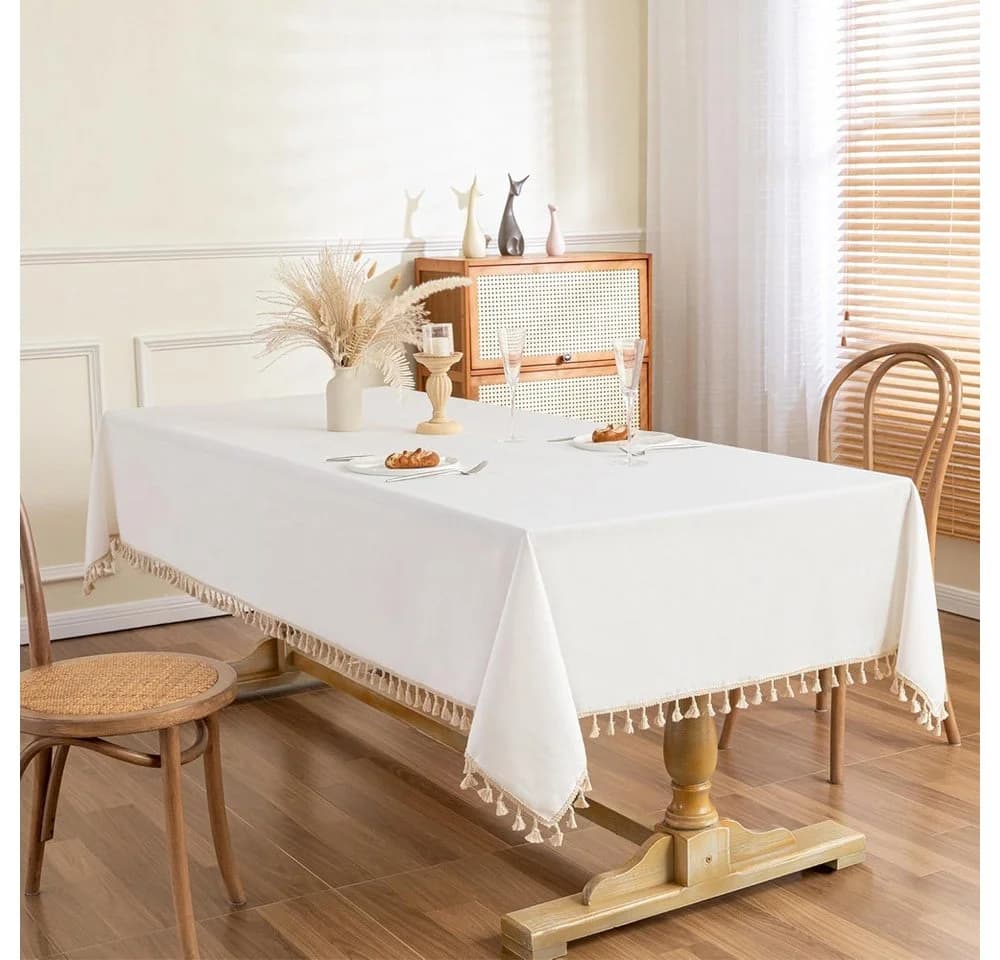 TUWENA Tischdecke Rechteckig Leinen Baumwolle Abwaschbar mit Quaste Weiss - Bild 5