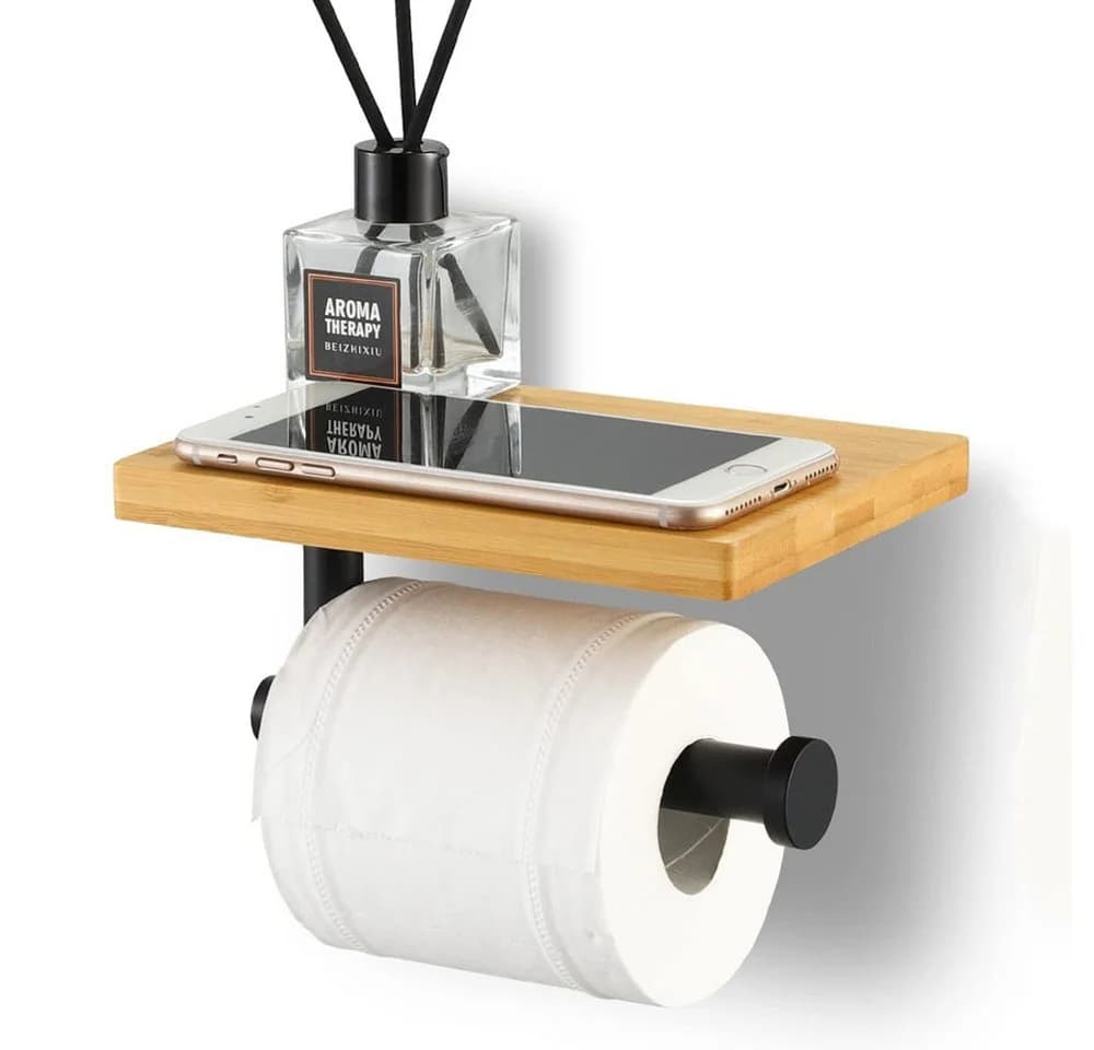 TUWENA Toilettenpapierhalter mit Ablage Bambus Edelstahl - Bild 2