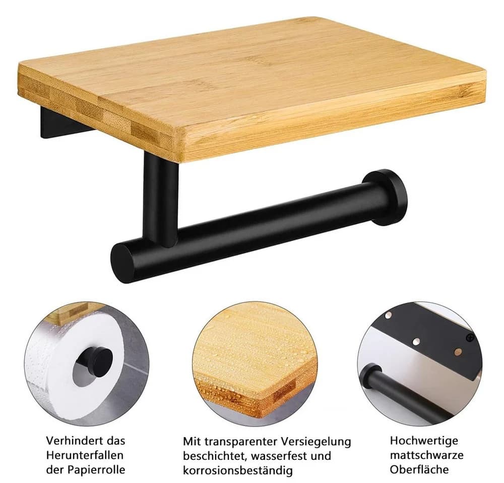 TUWENA Toilettenpapierhalter mit Ablage Bambus Edelstahl - Bild 3