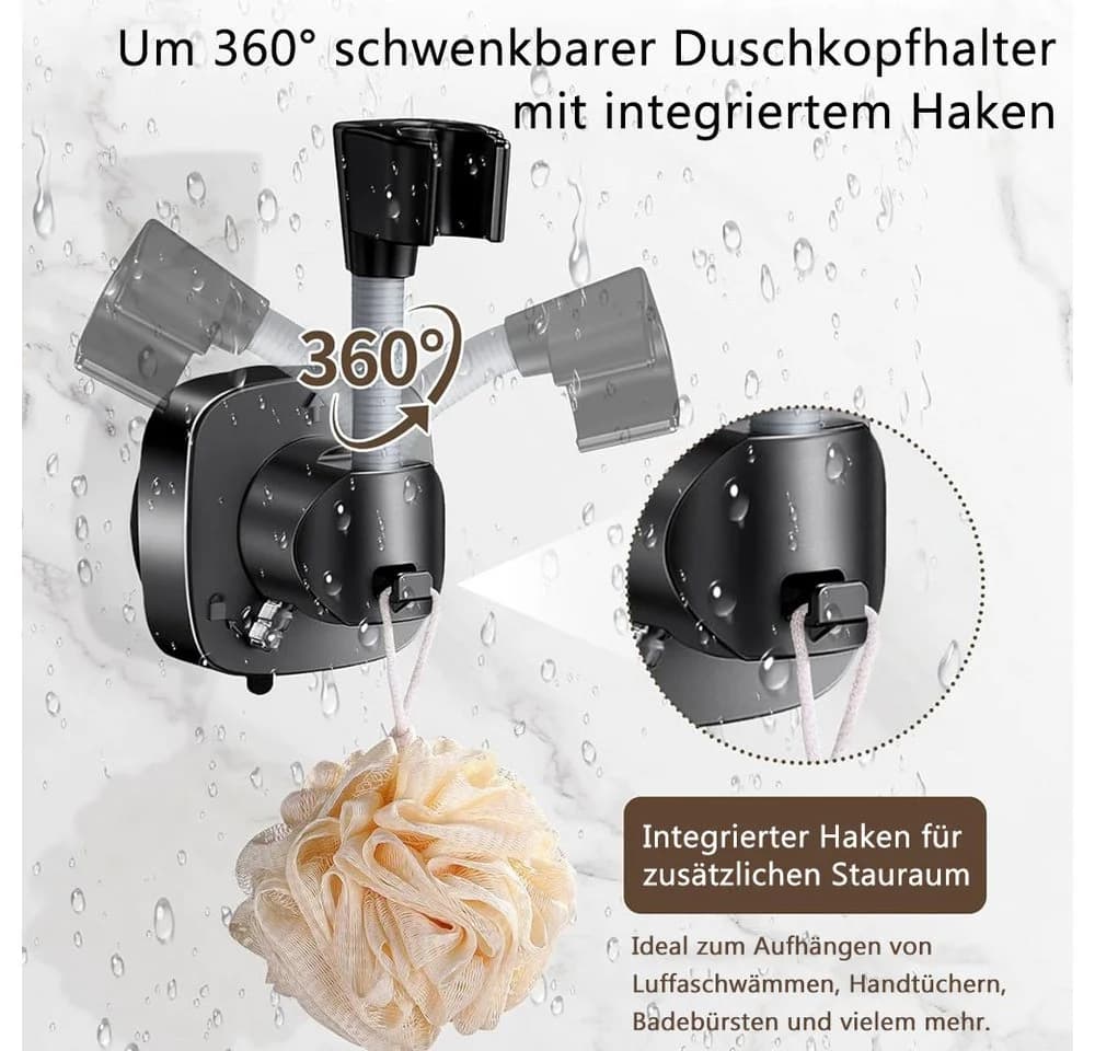 AFKSMILE Brausehalter 360° Drehbar mit Saugnapf Schwarz/Silber