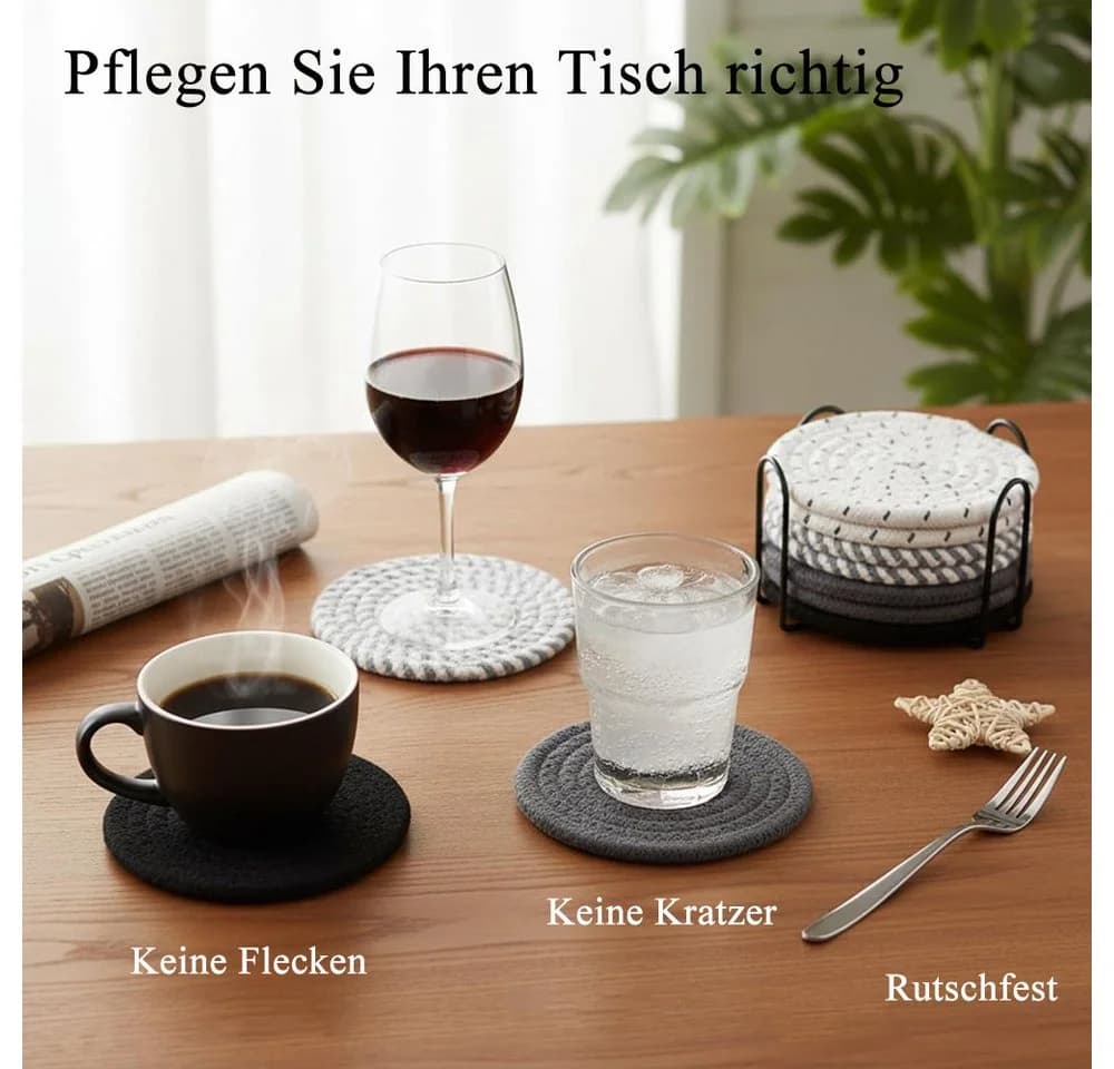 AFKSMILE Getränkeuntersetzer 8 Stück Grau/Braun Baumwolle mit Halter - Bild 4