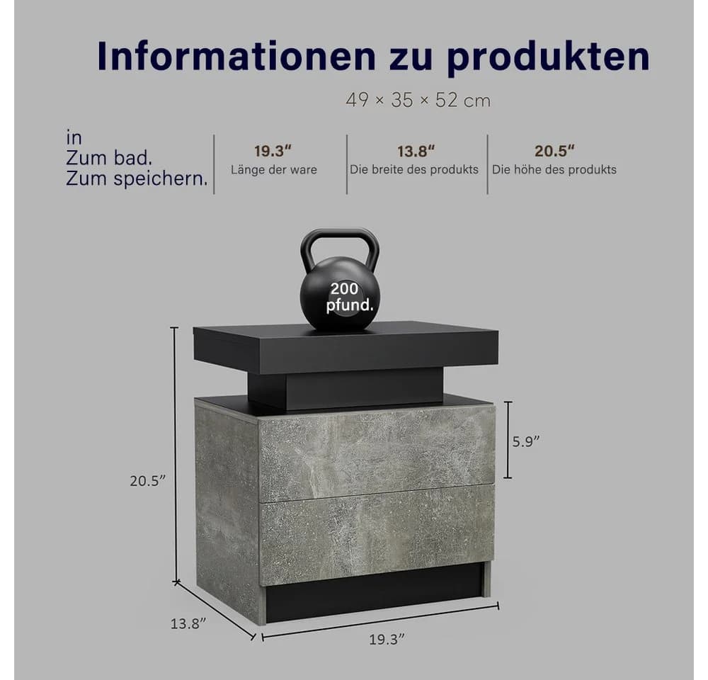Sweiko Nachttisch LED-Beleuchtung Grau+Schwarz - Bild 5