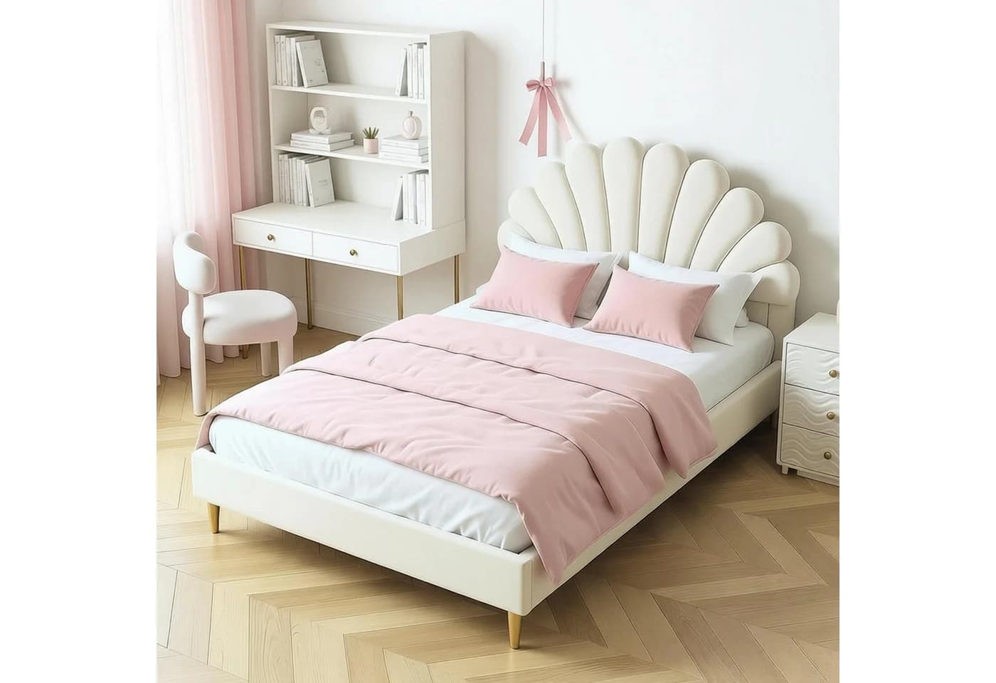 Simurq Polsterbett 140x200cm Samt Blumenkopfteil Beige - Bild 2