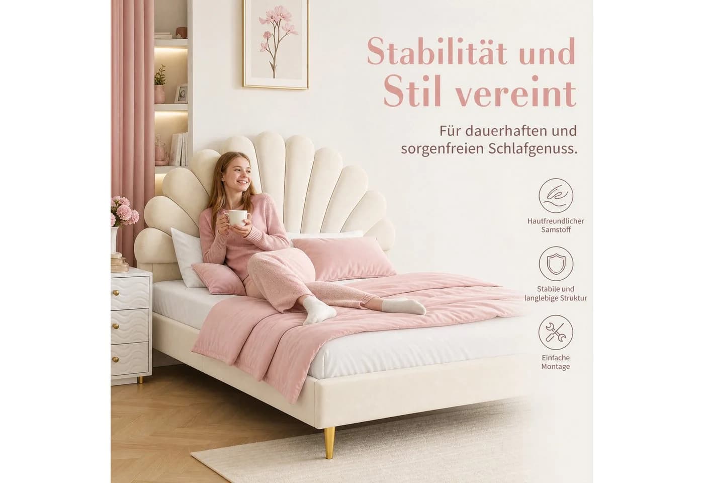 Simurq Polsterbett 140x200cm Samt Blumenkopfteil Beige - Bild 5