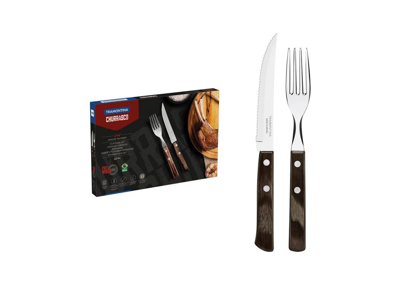 Tramontina Steakbesteck 12-tlg. Set mit FSC Holzgriff Edelstahl