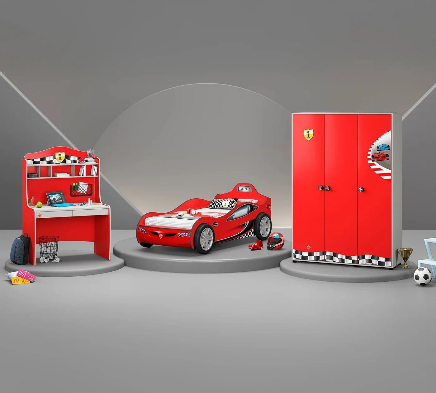 Möbel-Zeit Jugendzimmer-Set RACECUP Kinderzimmer 3-tlg. Schrank Schreibtisch mit Aufsatz Autobett