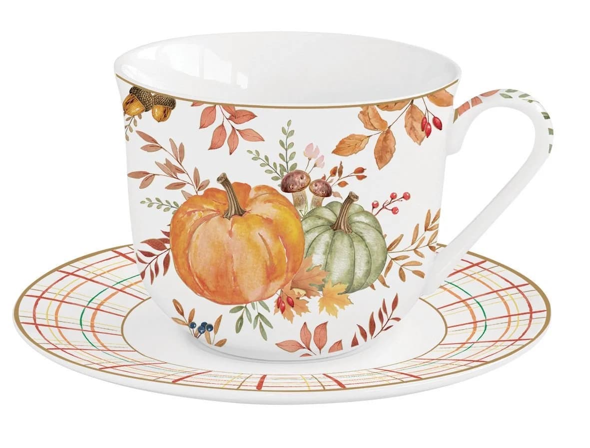 EasyLife Frühstückstasse Harvest Herbst Porzellan Mehrfarbig mit Untertasse - Bild 2