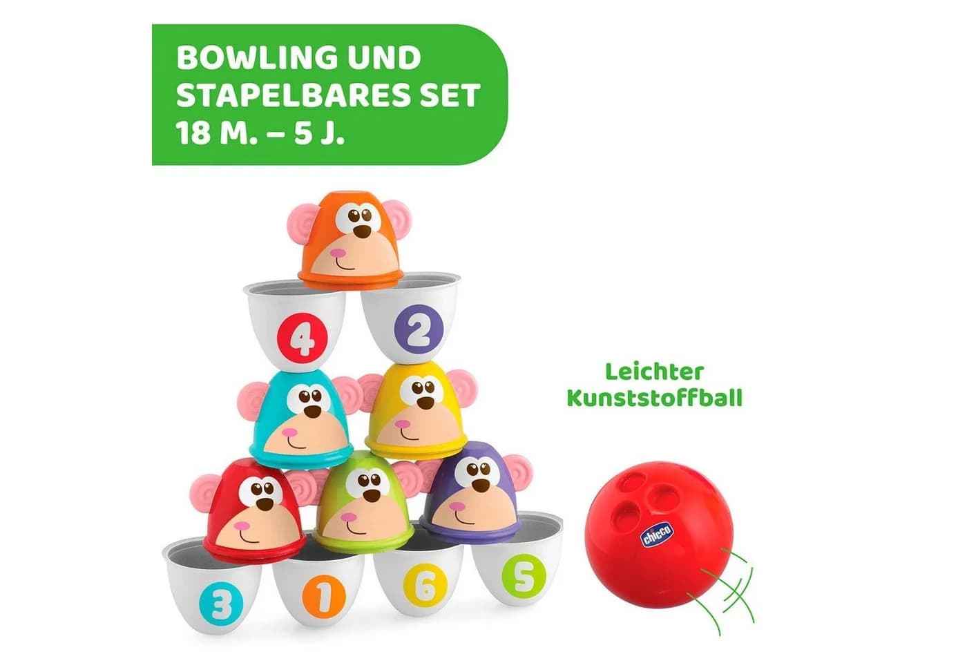 Chicco Spiel Bowling Bunt 6-teilig mit weichem Ball