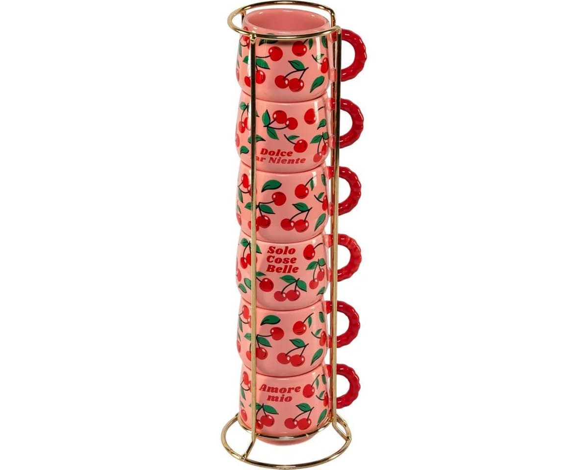 BIALETTI Kaffeeservice Set 6 Tassen Porzellan Cherries Design mit Metallgestell