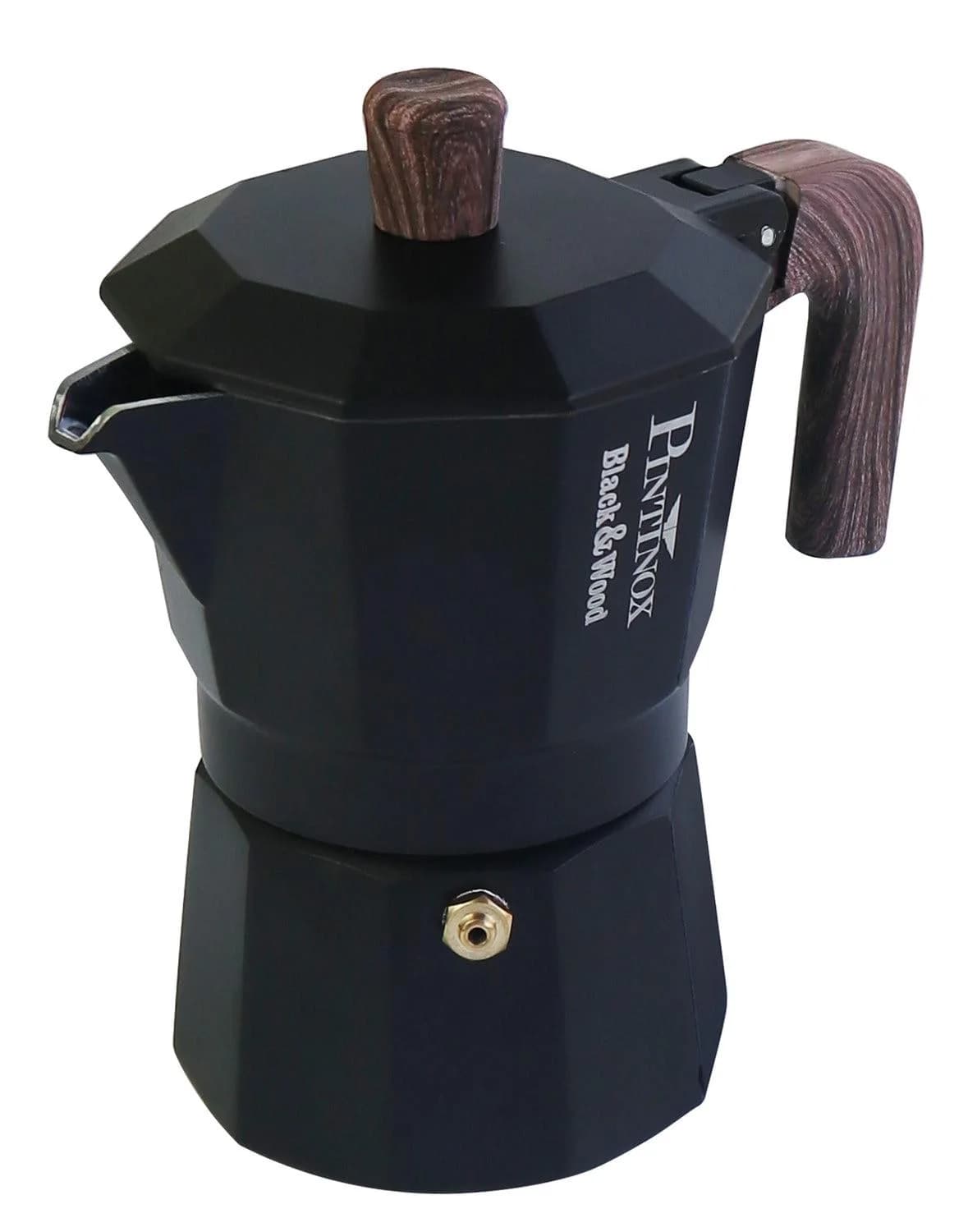 PINTINOX Espressokocher BLACK&WOOD mattschwarz 6 Tassen Aluminium