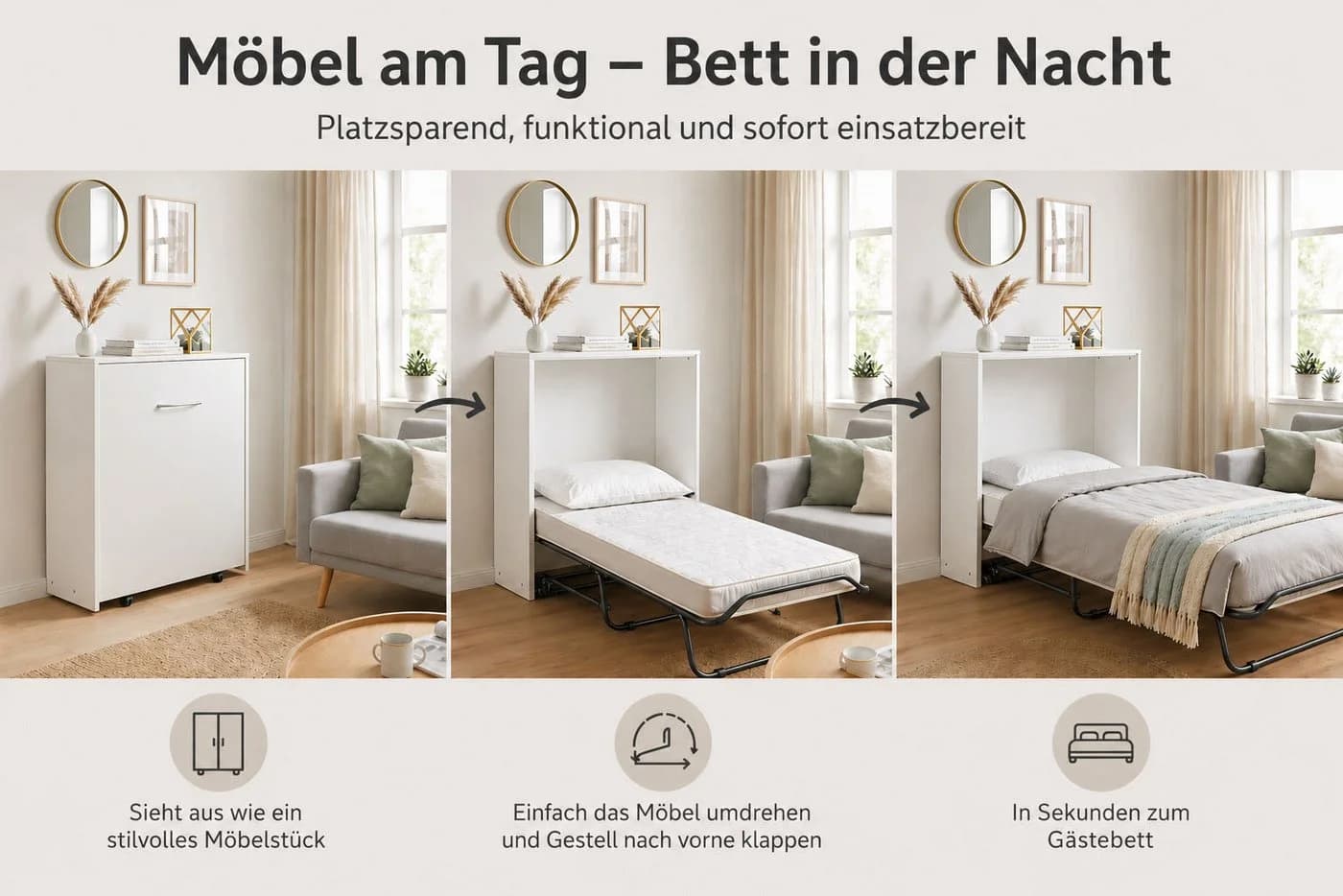 HOME AFFAIRE Schrankbett Sognum Wandklappbett Kommodenoptik Weiss Grau - Bild 3