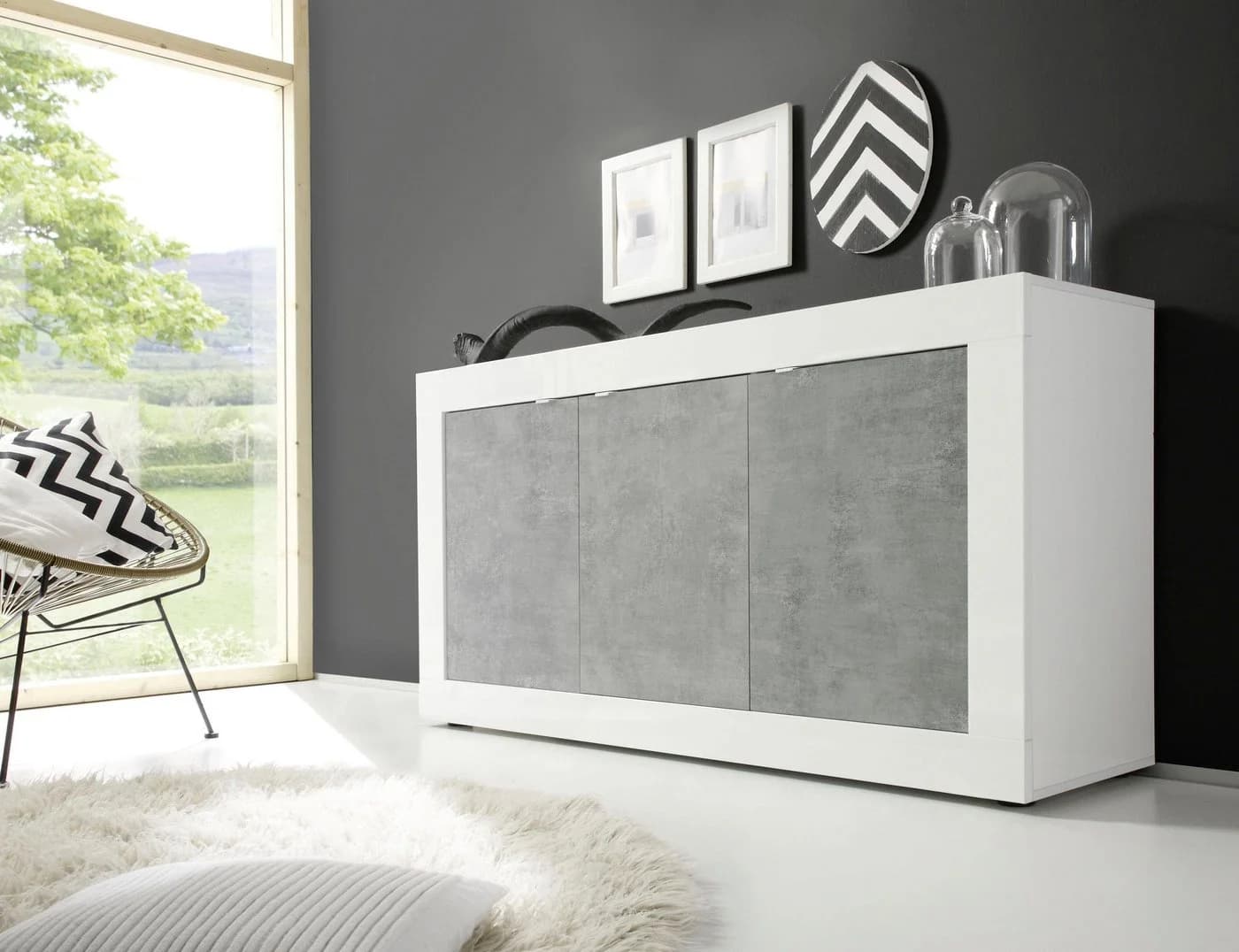 HOME AFFAIRE Sideboard Basic 160cm Weiß Hochglanz Beton-Optik