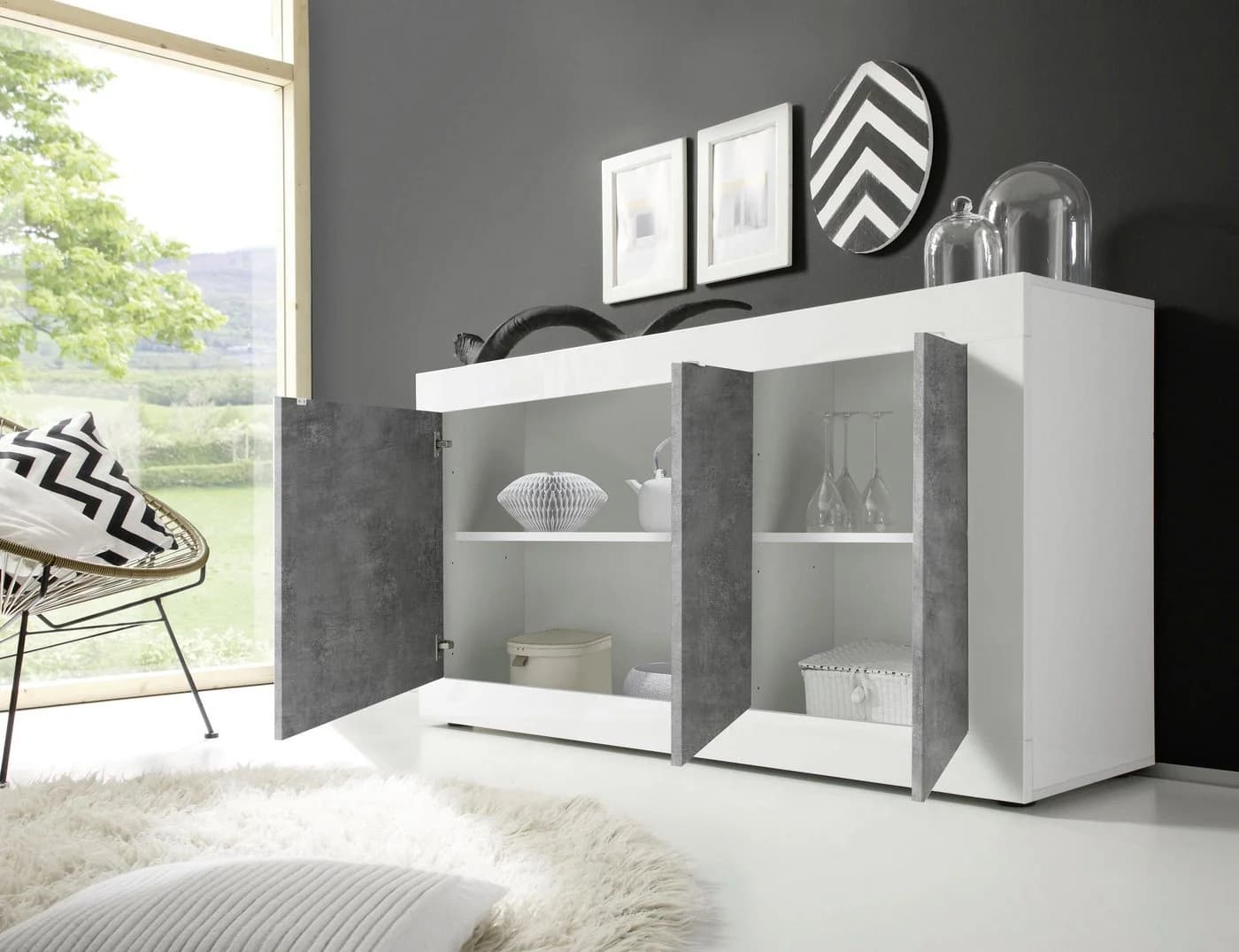 HOME AFFAIRE Sideboard Basic 160cm Weiß Hochglanz Beton-Optik - Bild 4