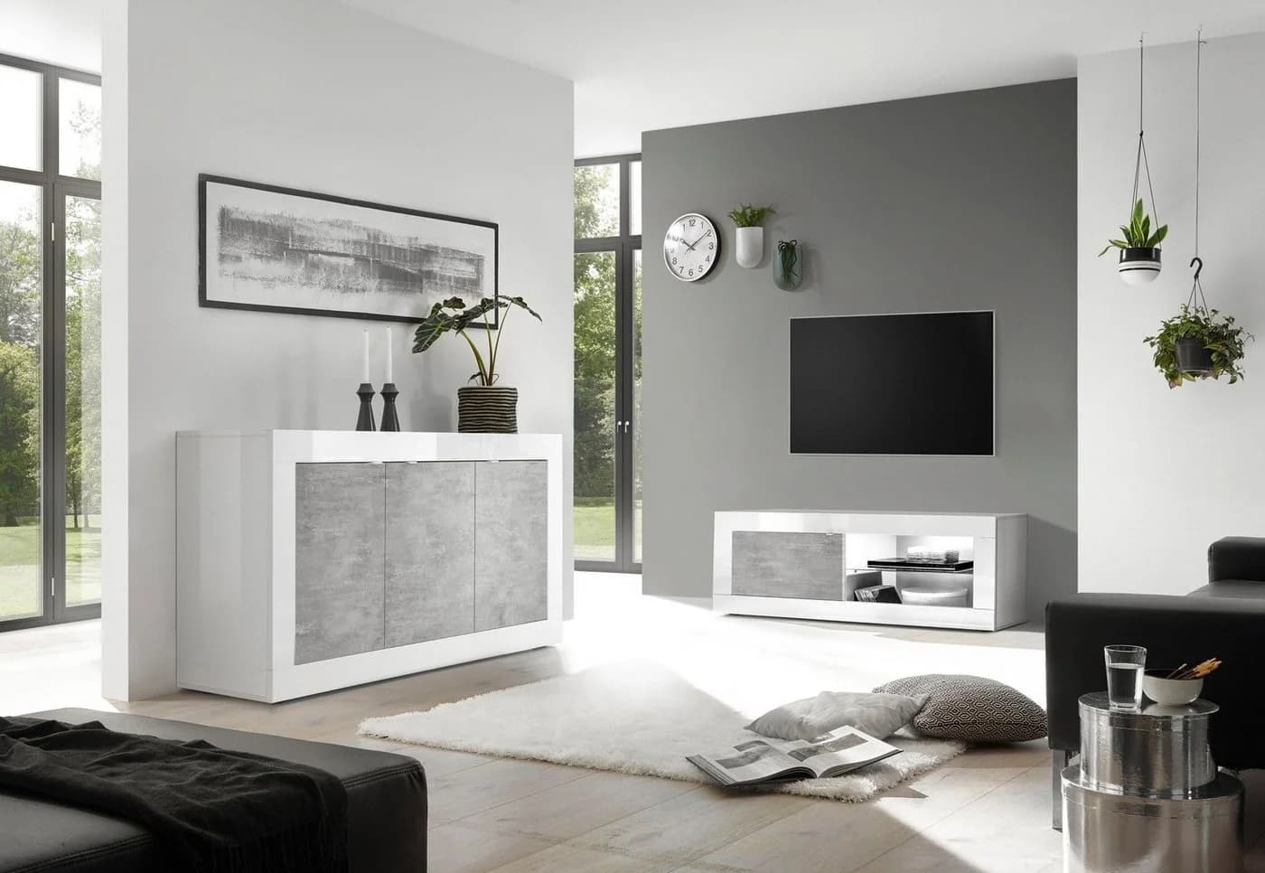 HOME AFFAIRE Sideboard Basic 160cm Weiß Hochglanz Beton-Optik - Bild 5