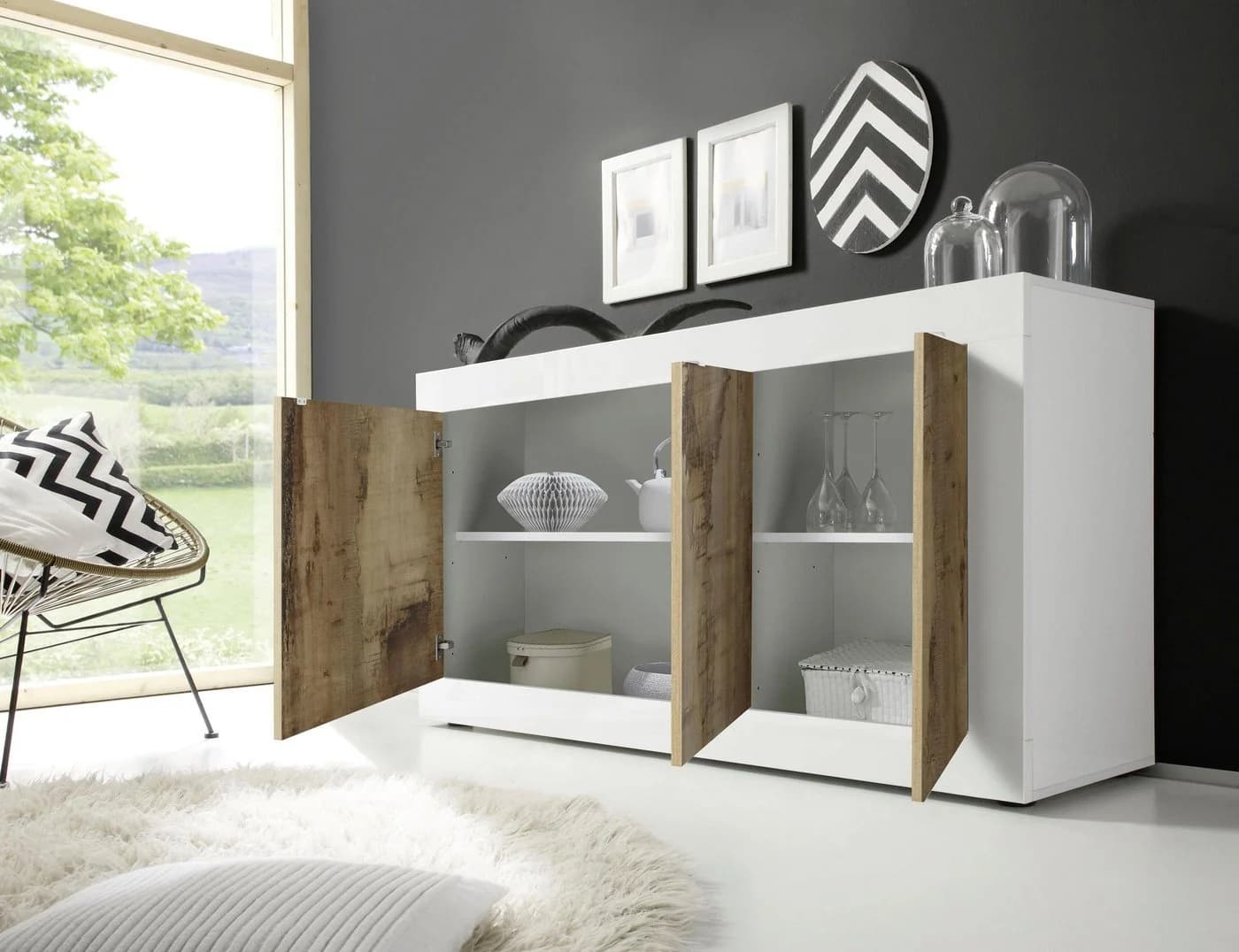 HOME AFFAIRE Sideboard Basic 160 cm Weiß Hochglanz 3 Türen - Bild 4