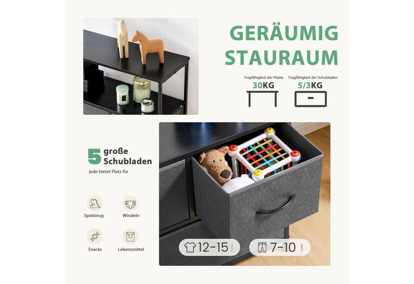 DUMOS Stauraumschrank Kommode mit Stoffschubladen Grau - Bild 3