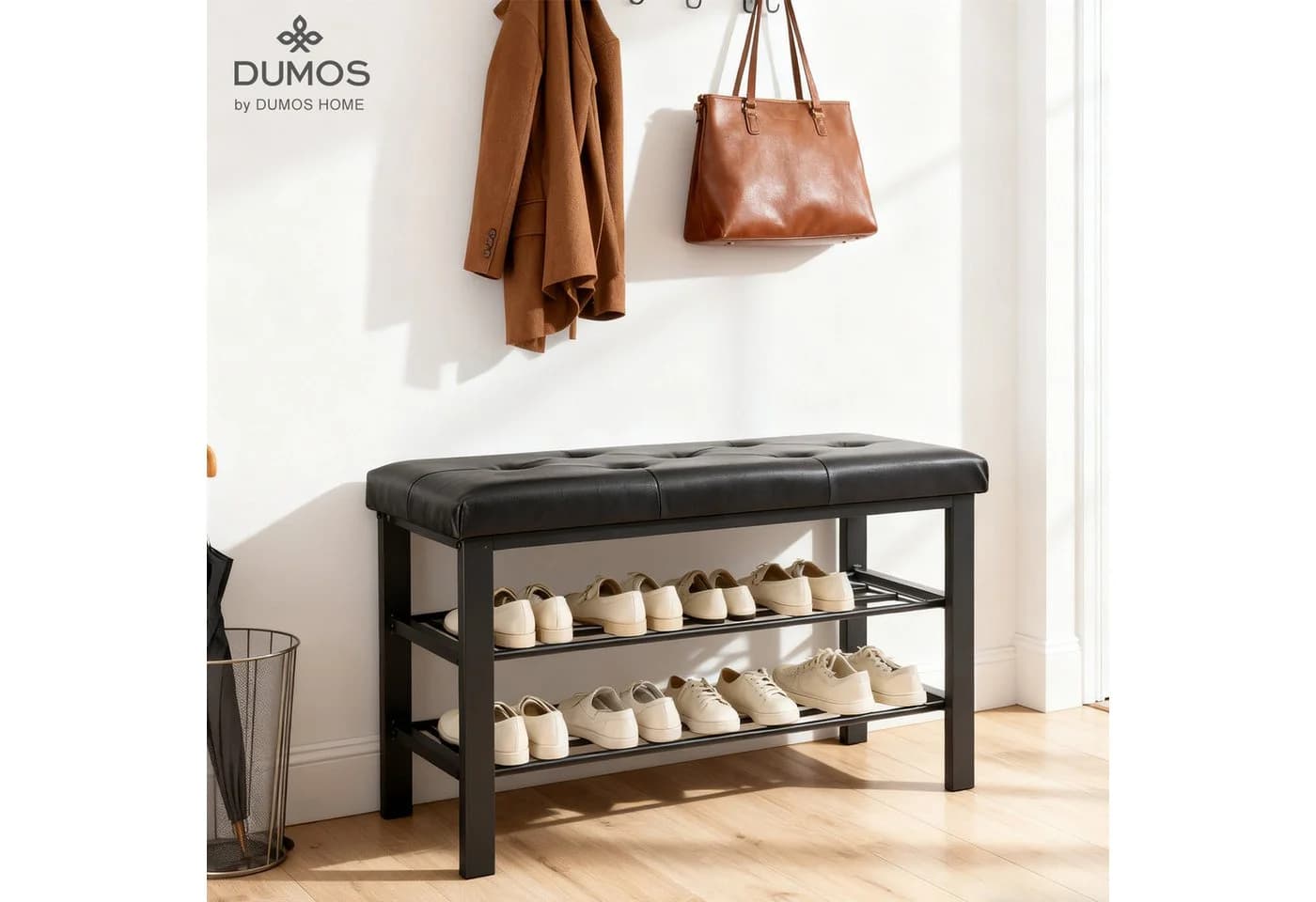 DUMOS Schuhbank Schwarz mit Kunstleder-Sitzfläche