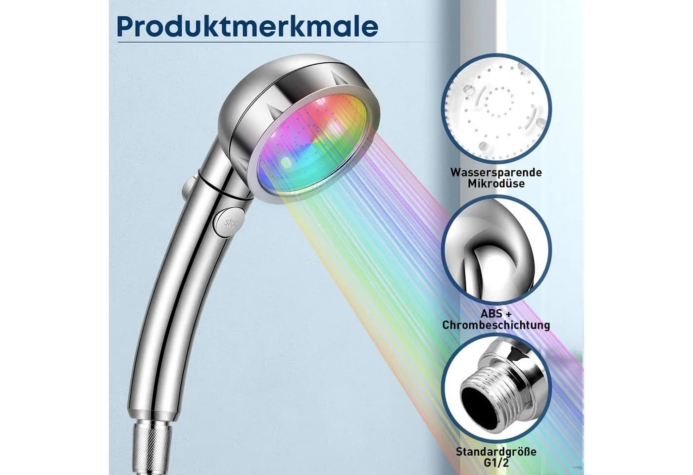 CkeyiN Pro Duschbrause mit Farbwechsel 7 Farben ABS verchromt - Bild 4