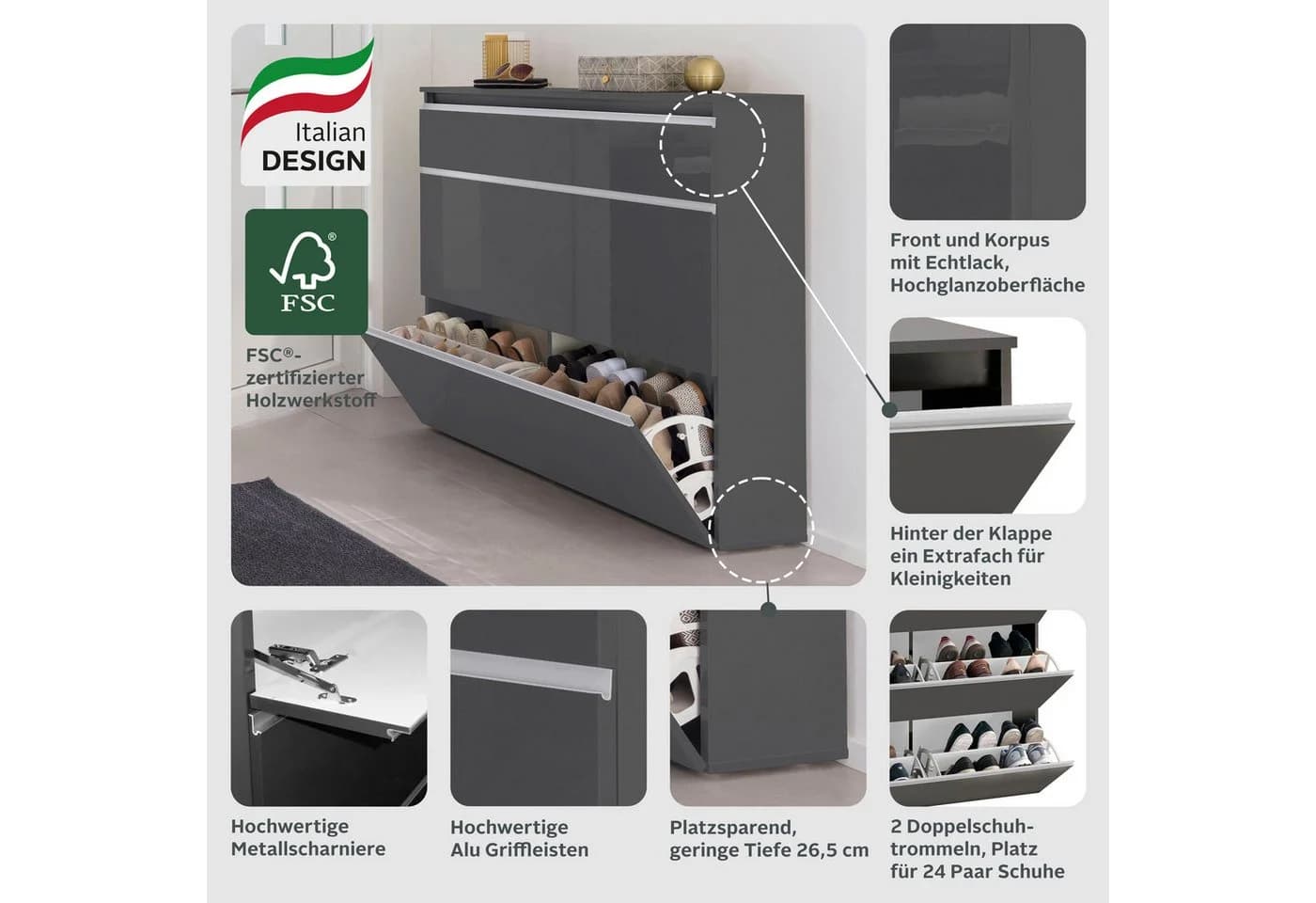 HOME AFFAIRE Magic Schuhschrank Anthrazit Hochglanz 3 Klappen - Bild 3