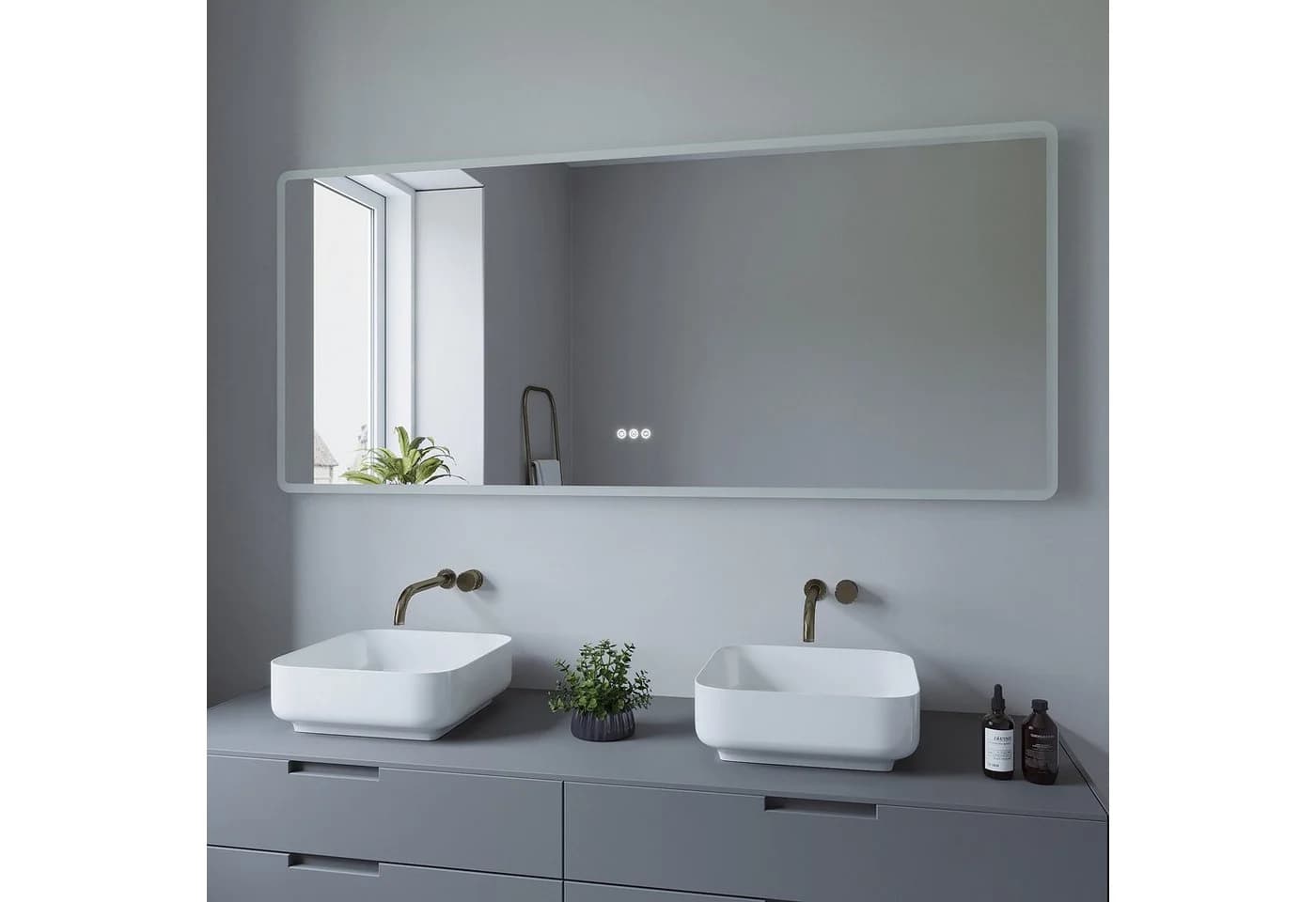 AQUABATOS LED Badspiegel mit Licht, Antibeschlag, Touch-Sensor, Silber