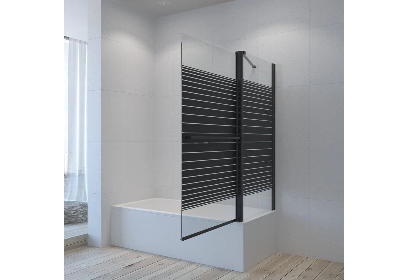 AQUABATOS Badewannenaufsatz Eck Glas mit Seitenwand schwarz