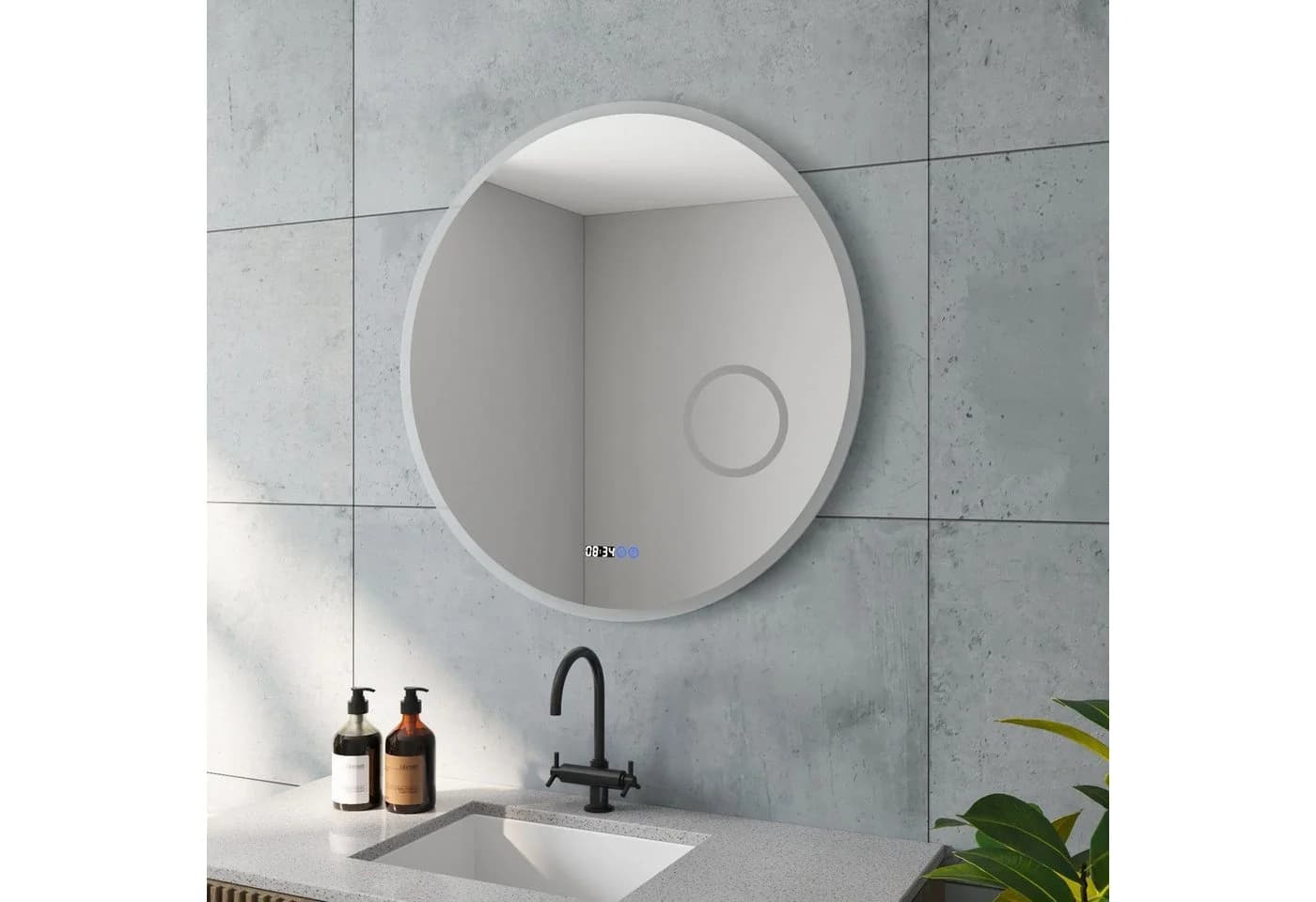 AQUALAVOS LED Badspiegel Rund 80cm Schwarz mit Beleuchtung, Anti-Beschlag & Uhr