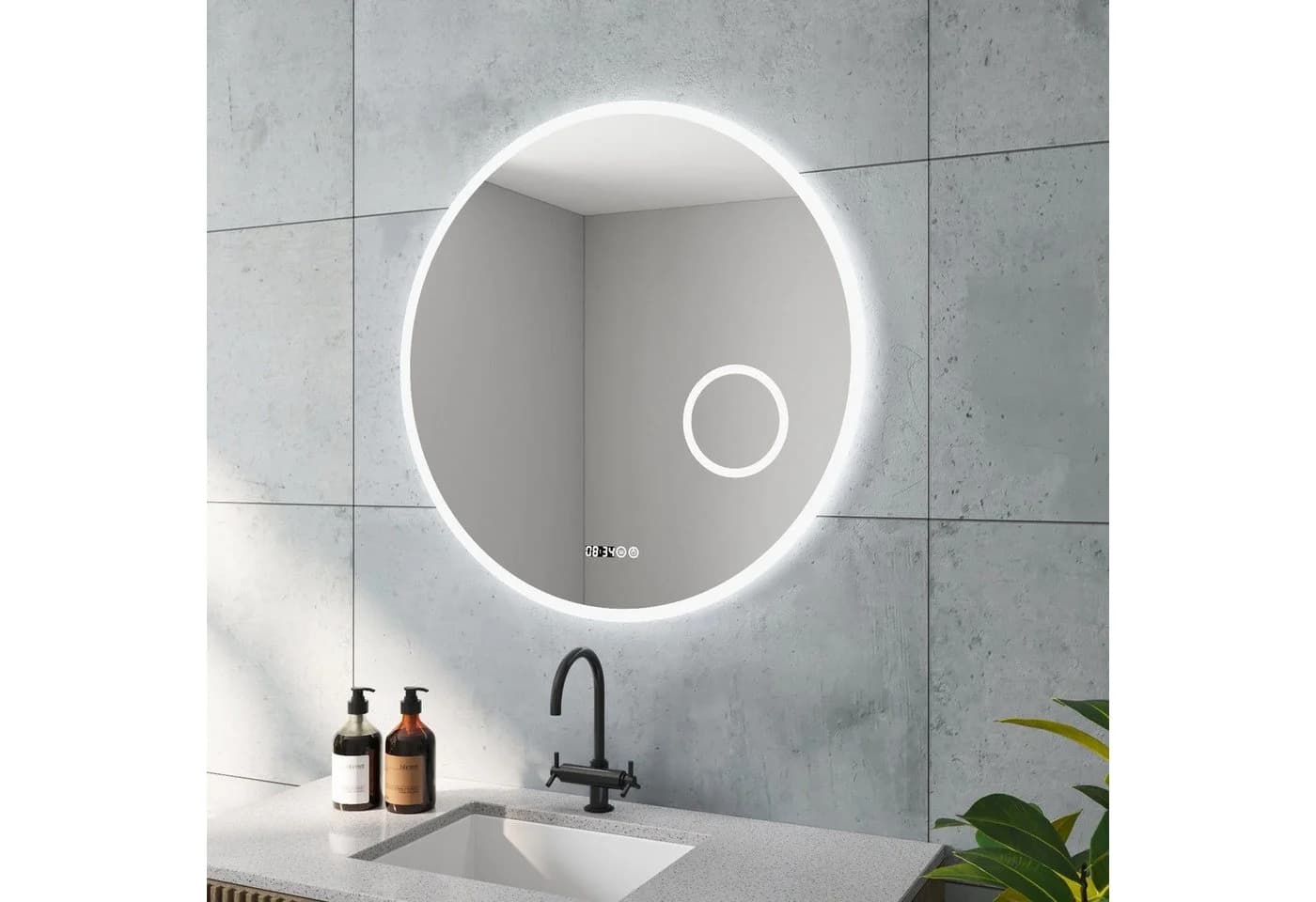 AQUALAVOS LED Badspiegel Rund 80cm Schwarz mit Beleuchtung, Anti-Beschlag & Uhr - Bild 2