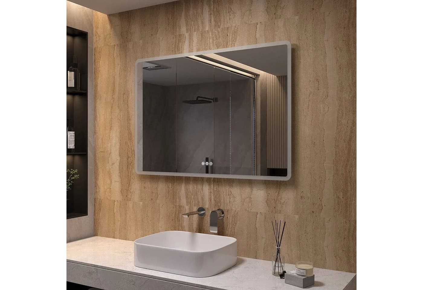AQUALAVOS LED-Lichtspiegel 100x70cm Warmweiß/Kaltweiß Wandspiegel IP44 - Bild 3