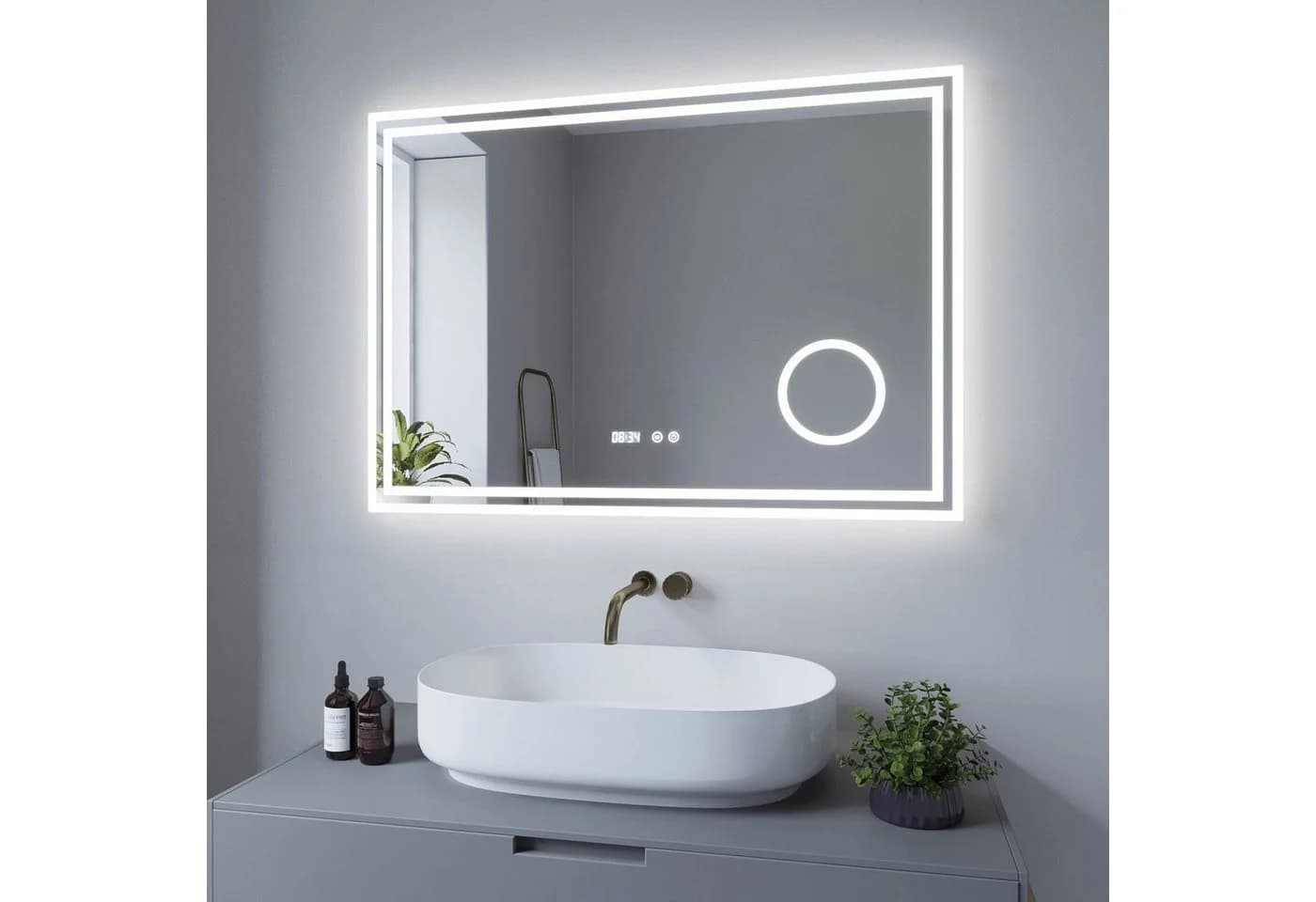 AQUALAVOS Badspiegel mit LED-Beleuchtung, Anti-Beschlag & Digitaluhr