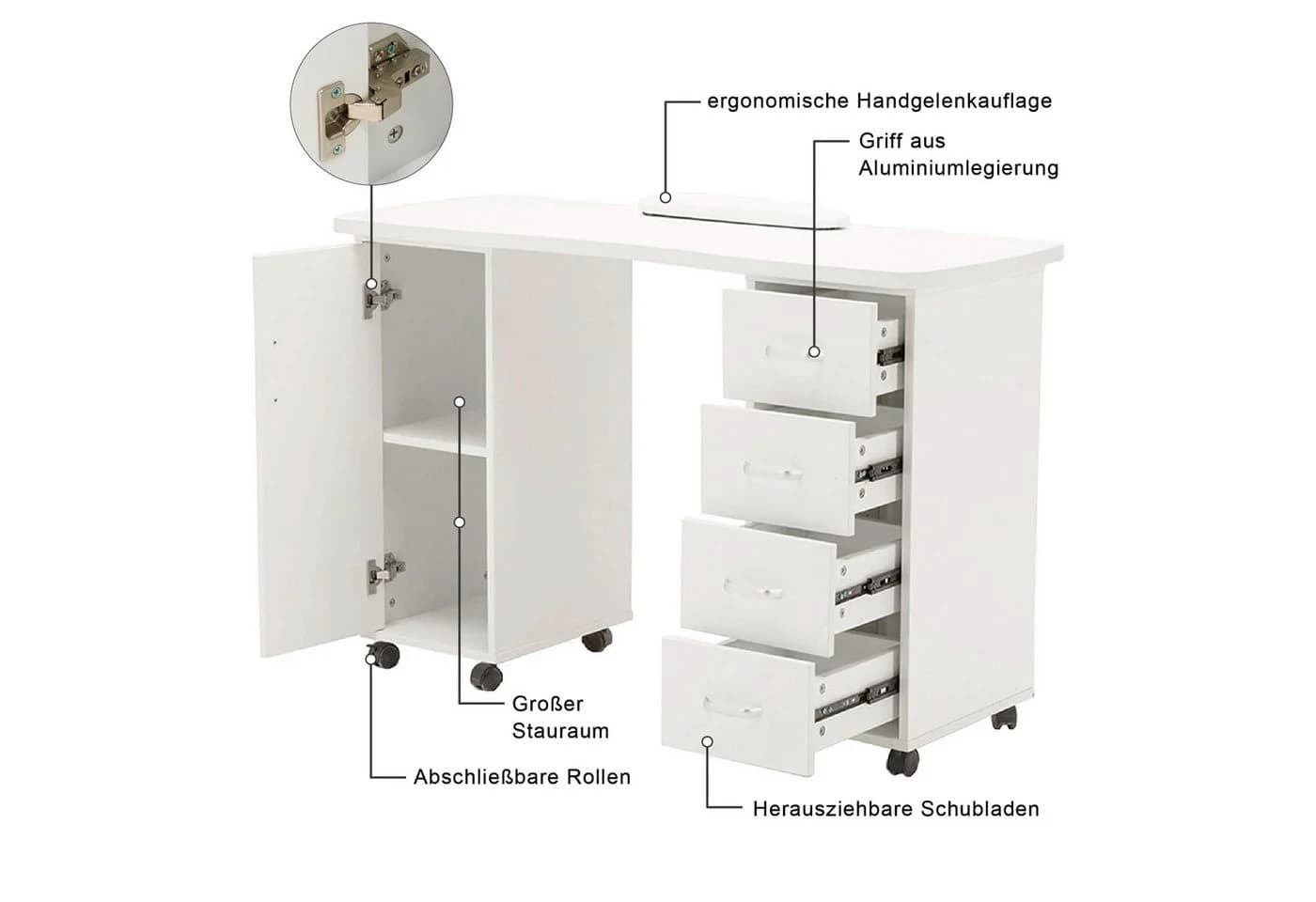 Barberpub Manikürtisch Weiß mit Schubladen und Rollen - Bild 3
