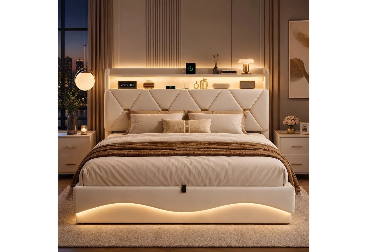 Simurq Polsterbett 140x200 cm Beige Samt mit LED und USB-C