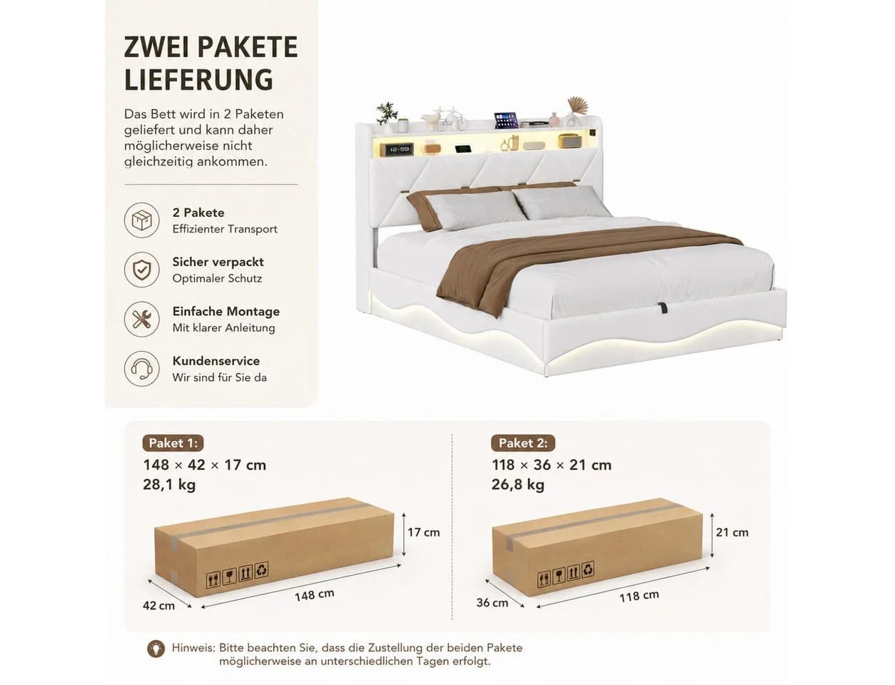 Simurq Polsterbett 140x200 cm Beige Samt mit LED und USB-C - Bild 3