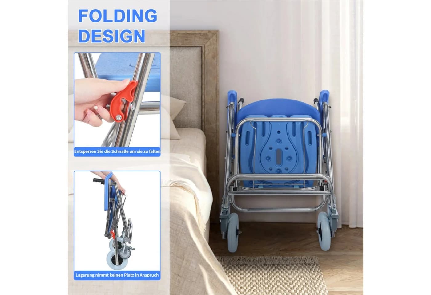 Rutaqian Faltbarer Dusch-Toilettenstuhl 3-in-1 mit Rollen - Bild 3