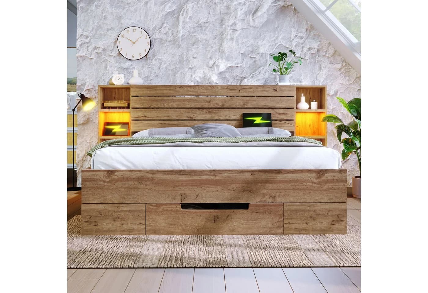 Rutaqian Stauraumbett Eiche mit LED, USB C & Schubladen - Bild 4