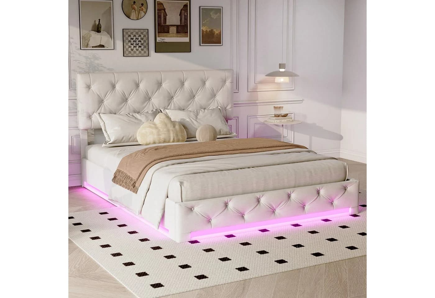 PXloue Polsterbett mit RGB LED-Beleuchtung und Stauraum - Beige - Bild 2