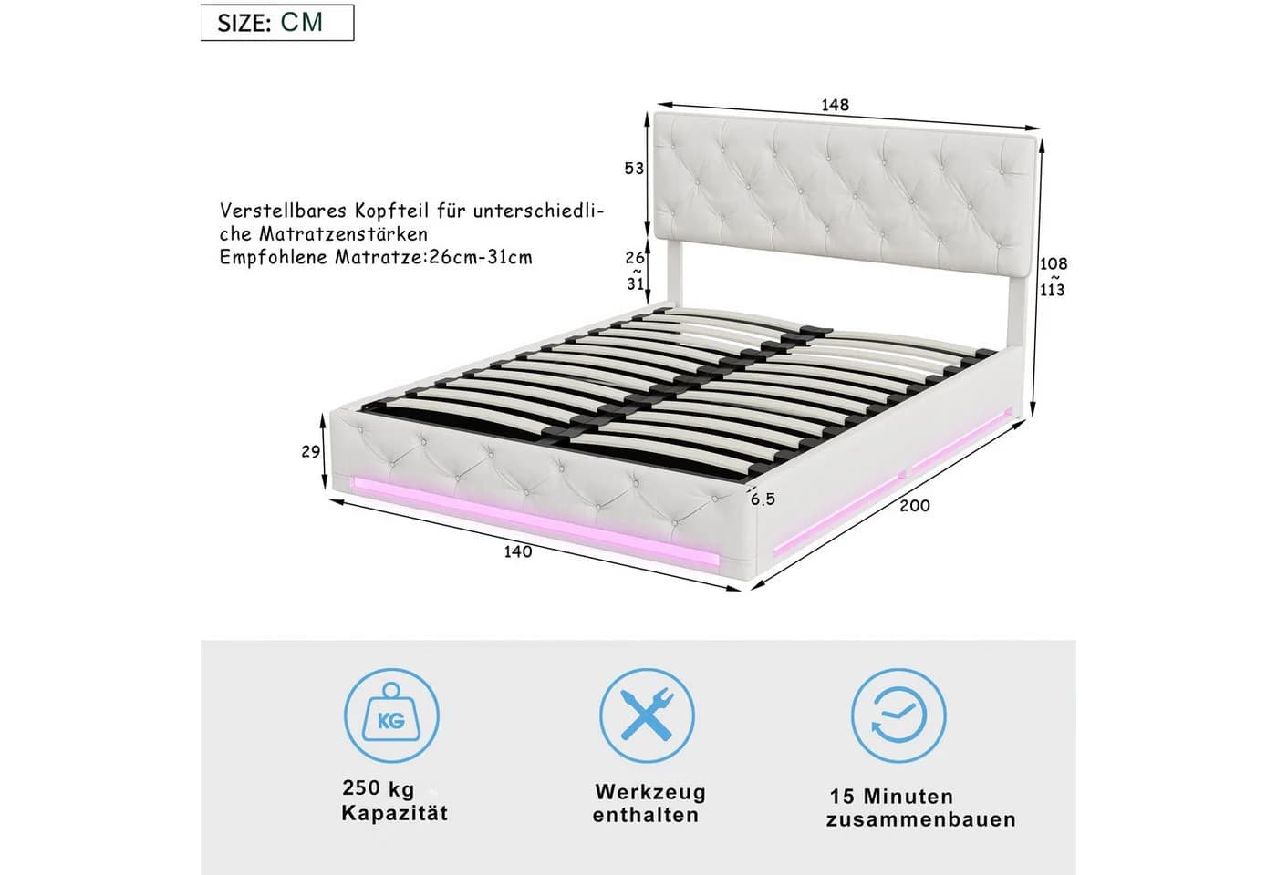 PXloue Polsterbett mit RGB LED-Beleuchtung und Stauraum - Beige - Bild 3