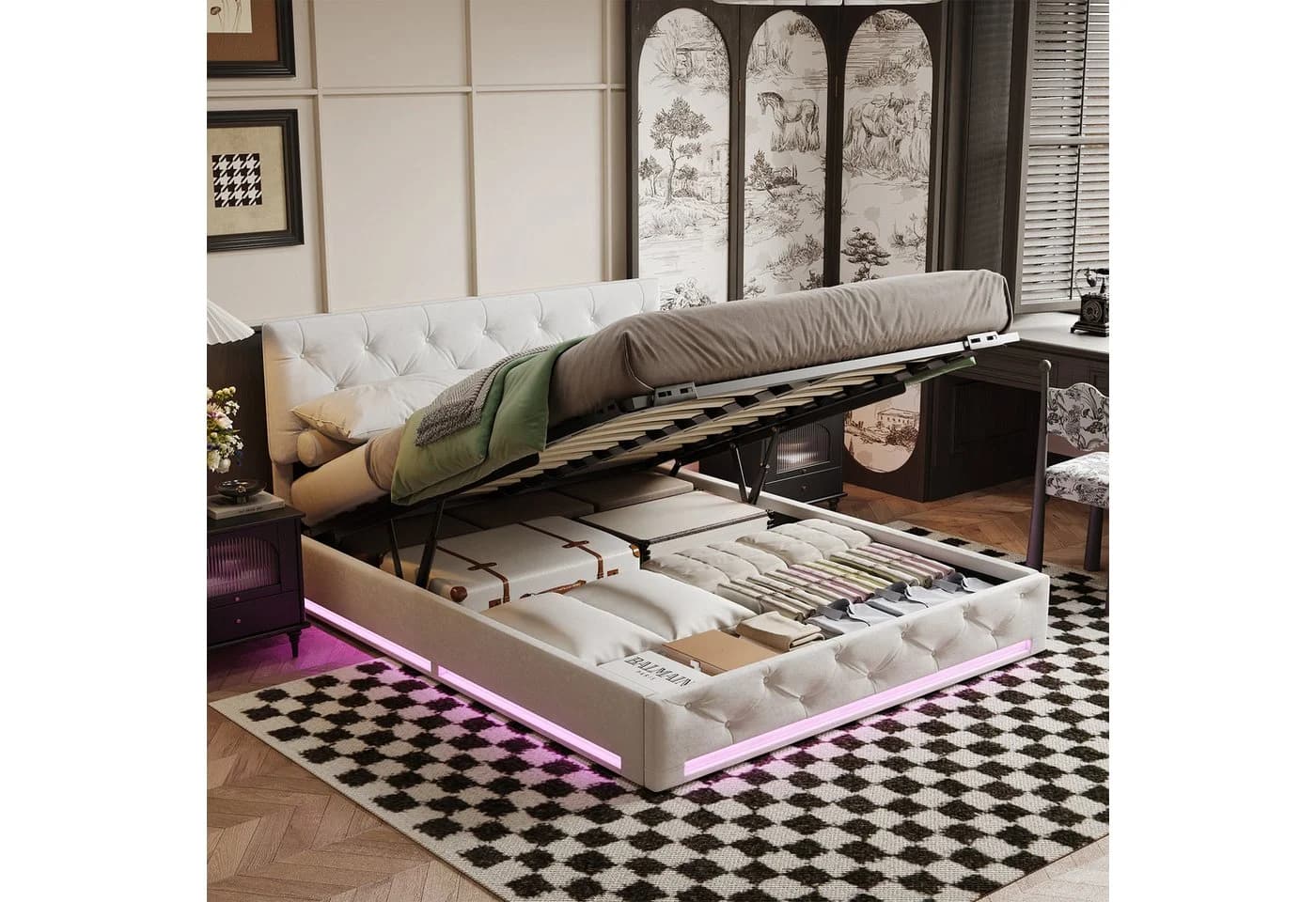 PXloue Polsterbett mit RGB LED-Beleuchtung und Stauraum - Beige - Bild 5