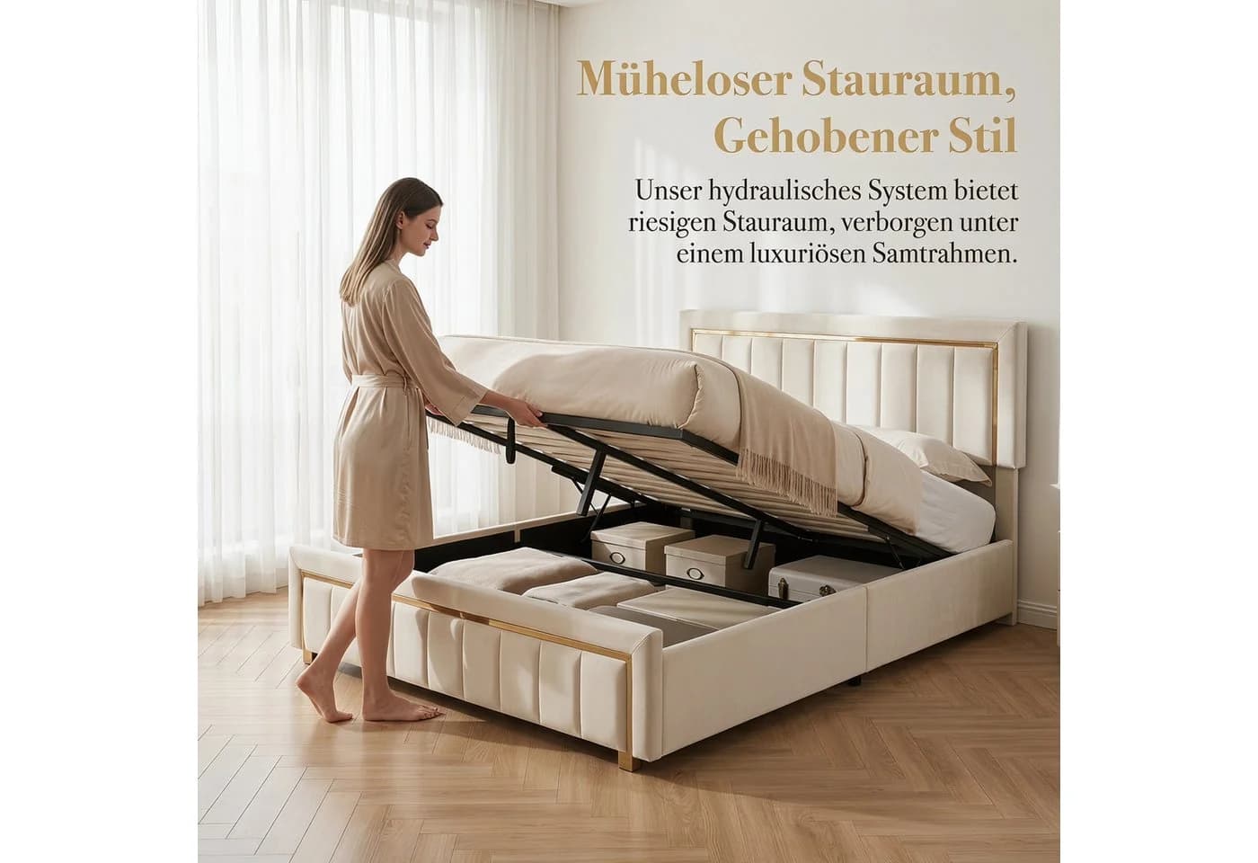 PXloue Stauraumbett Beige Samt mit Lattenrost & Bettkasten