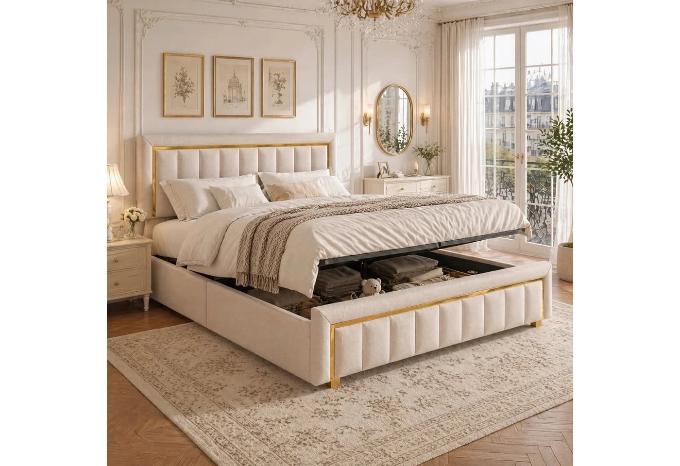 PXloue Stauraumbett Beige Samt mit Lattenrost & Bettkasten - Bild 2