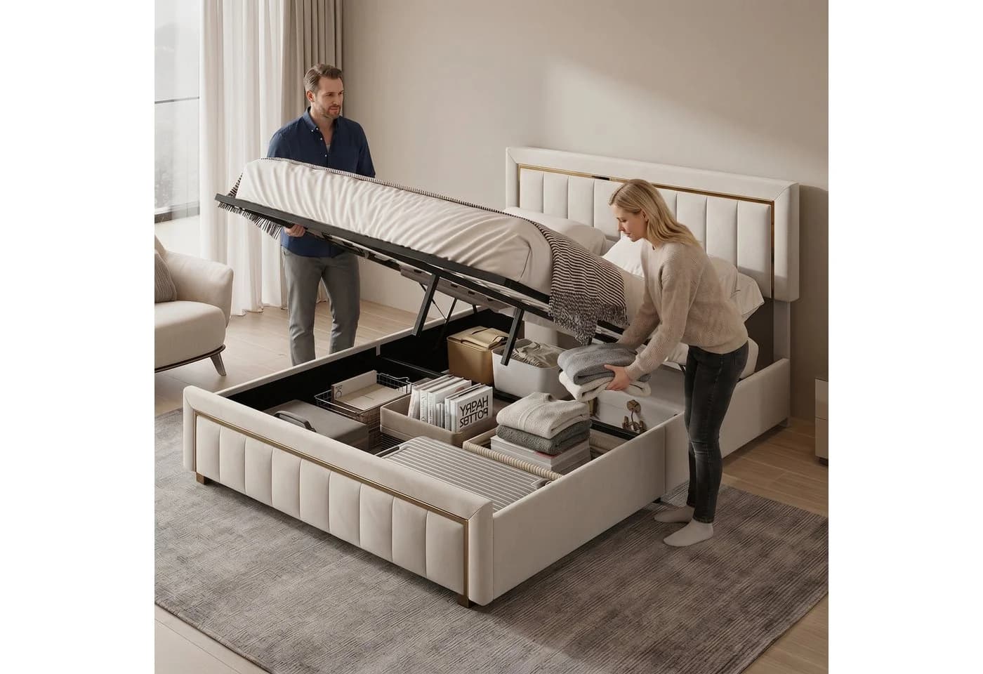 PXloue Stauraumbett Beige Samt mit Lattenrost & Bettkasten - Bild 4